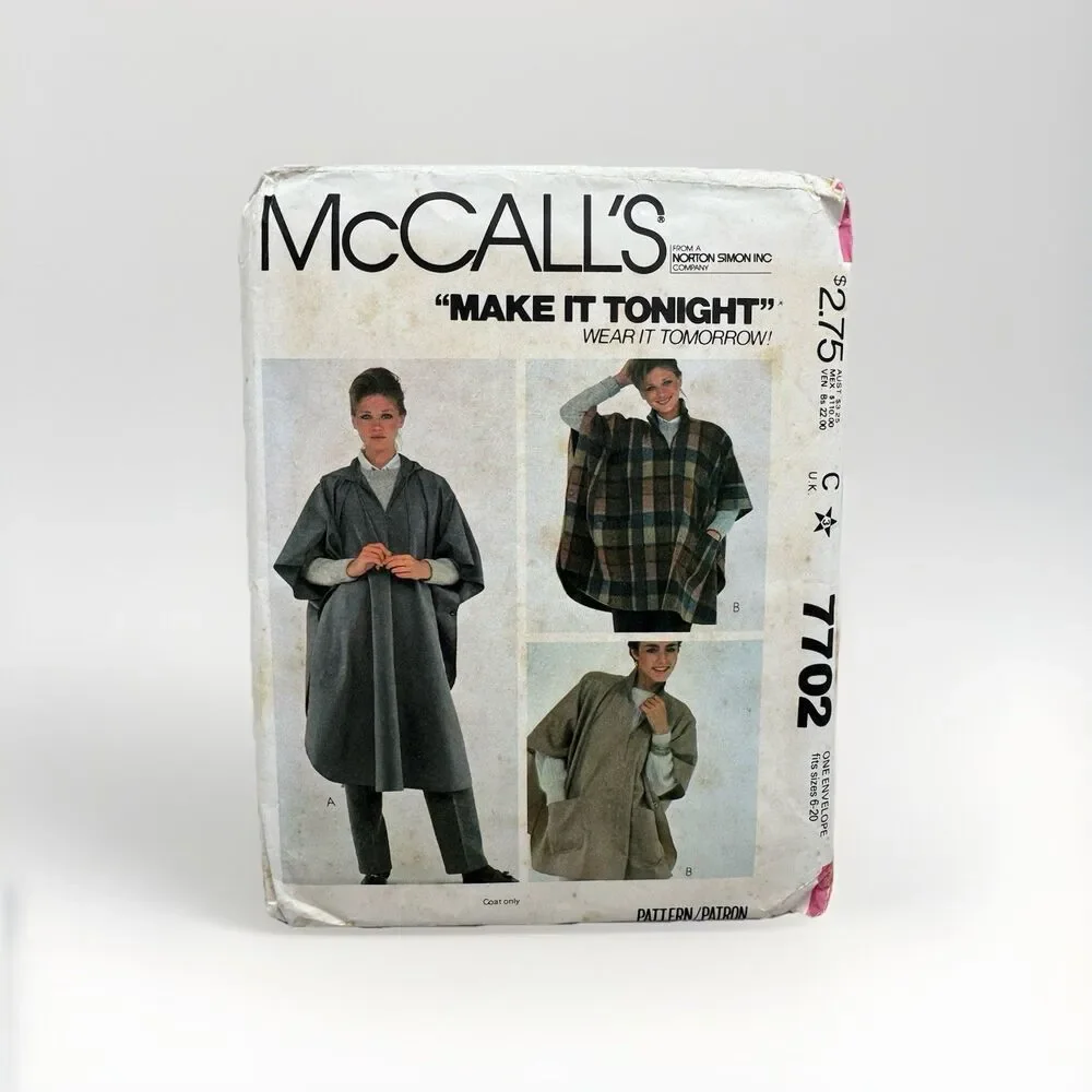 McCalls Sewing Pattern 7702 Misses Poncho Sizes 6-20 Make Tonight Wear Tomorrow